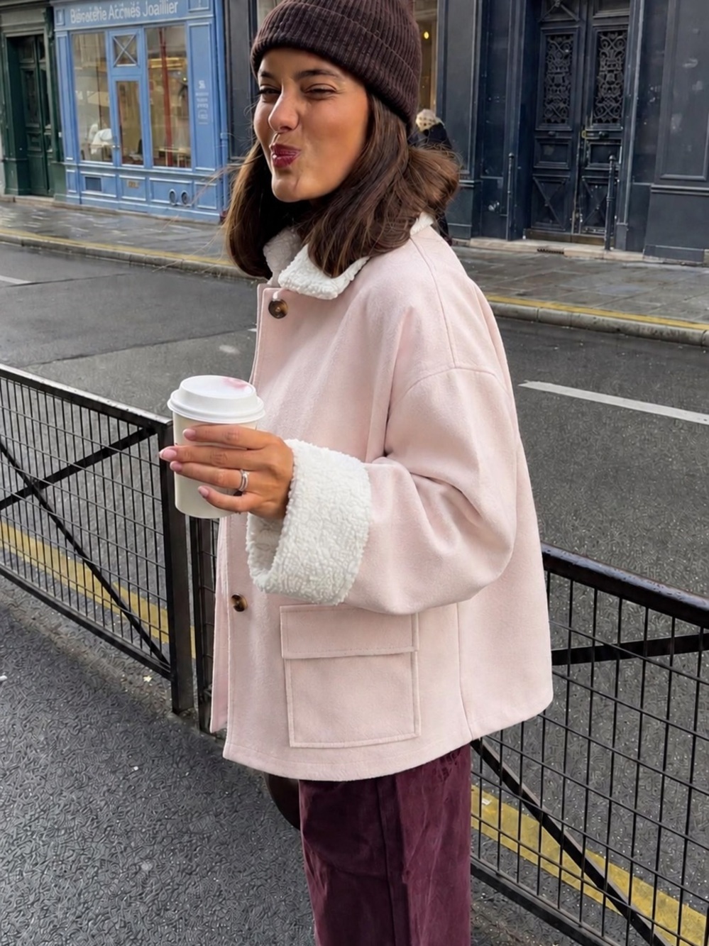 WiFi Light Blush Pink Sherpa Trim Oversized Shacket Jacket Women’s Size M - Picture 4 of 12